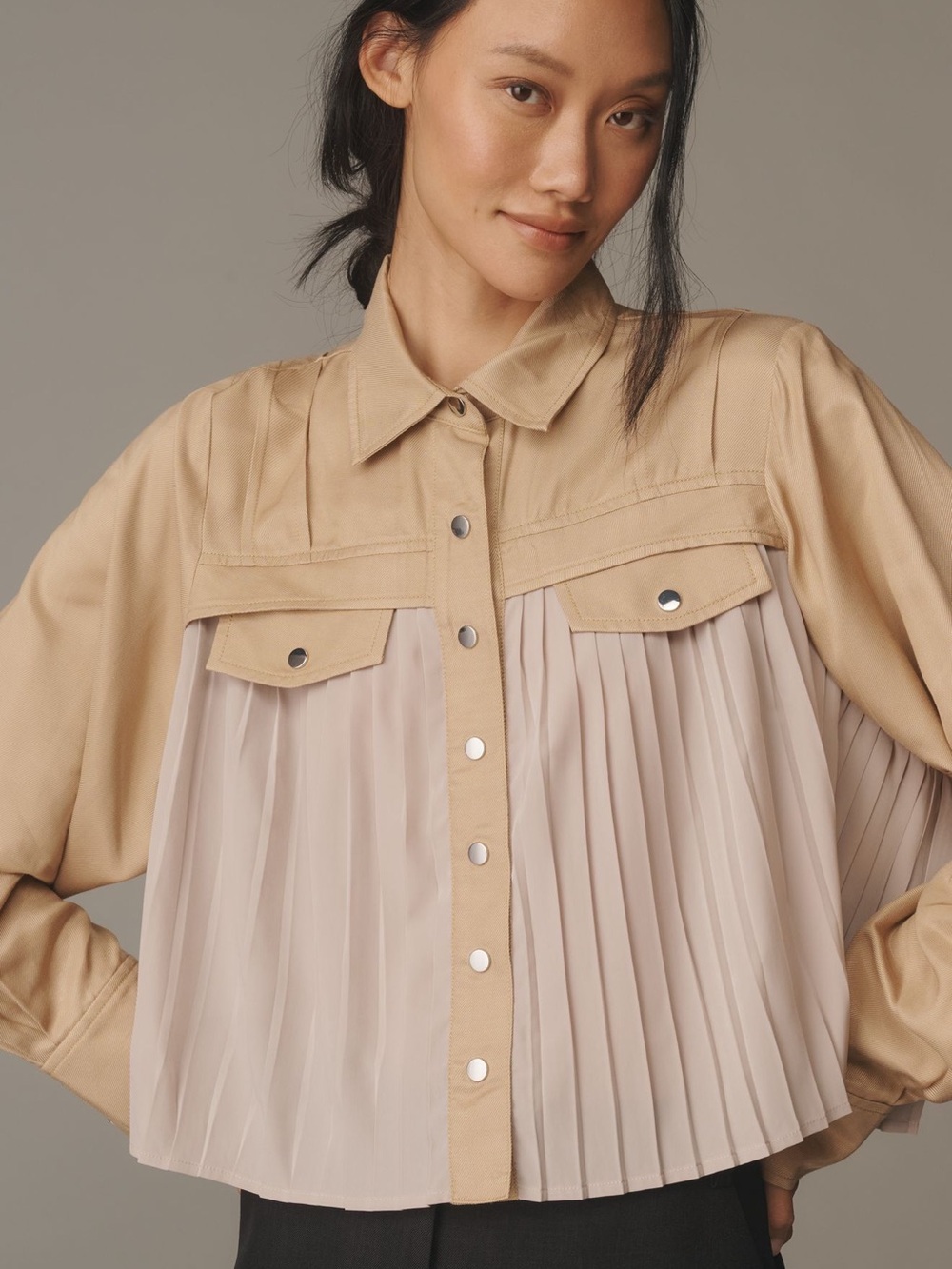 Anthropologie Beige and Blush Pleated Mixed-Media Shirt Jacket